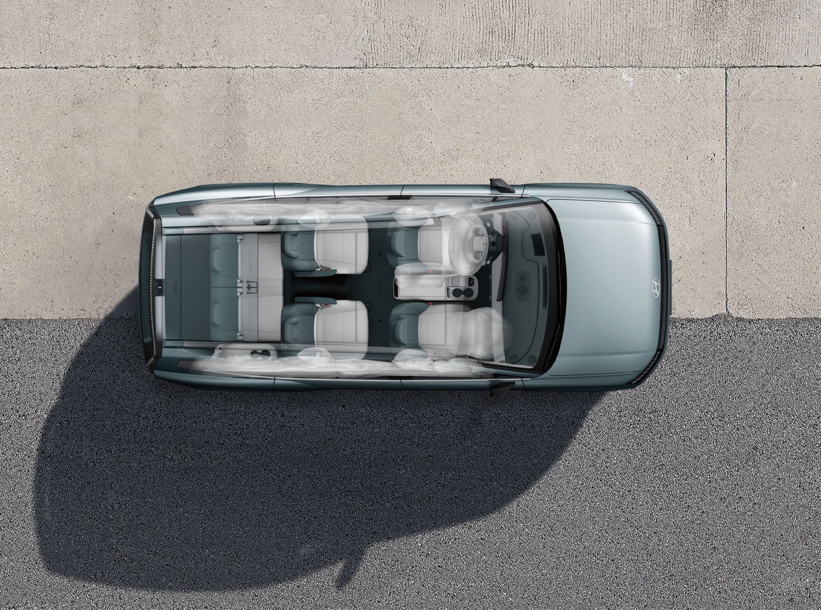 Vista en ojo de pájaro del Hyundai IONIQ 9 mostrando la posición de los 10 airbags.