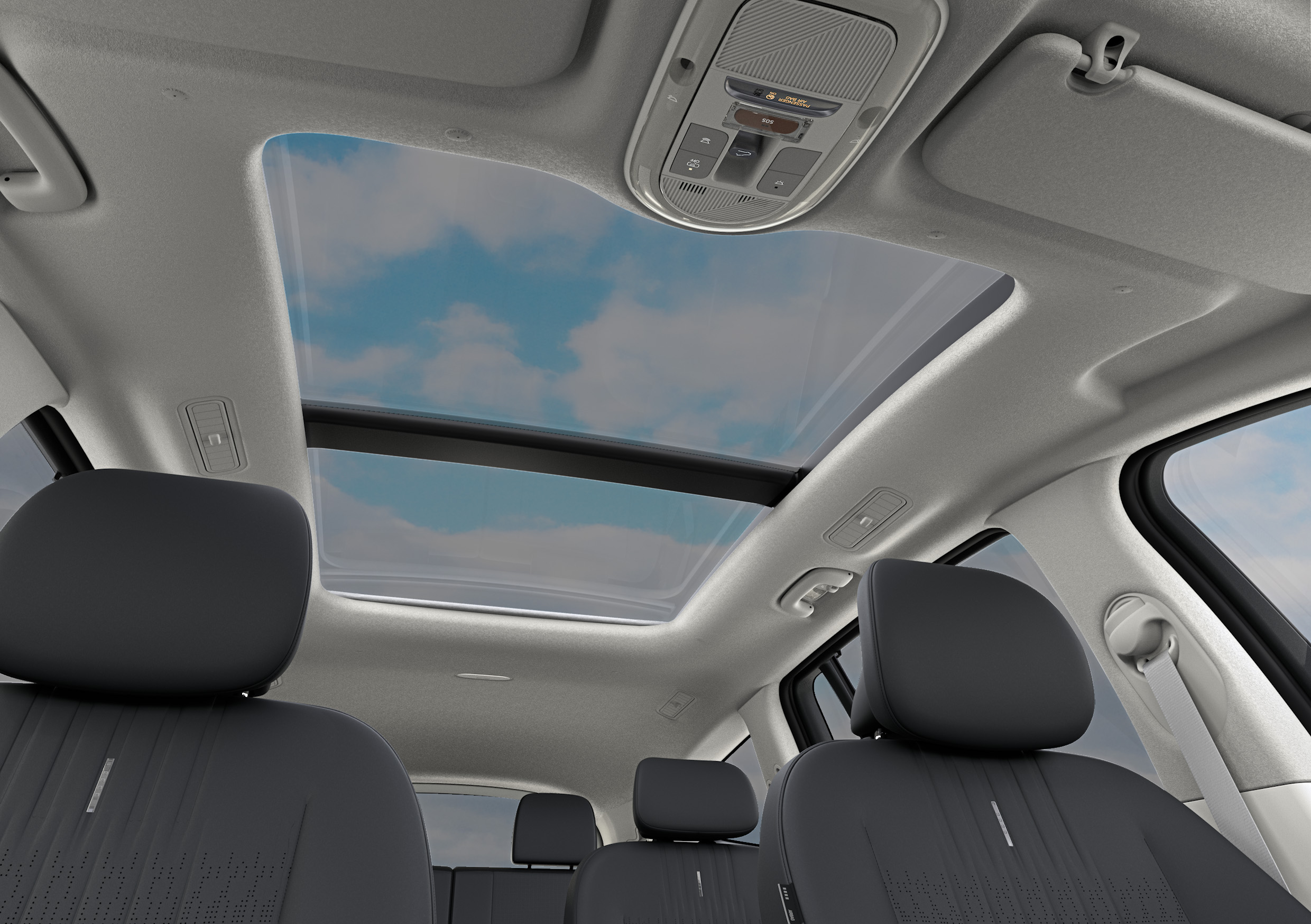Techo panorámico doble panel del Hyundai IONIQ 9 con vista al cielo.