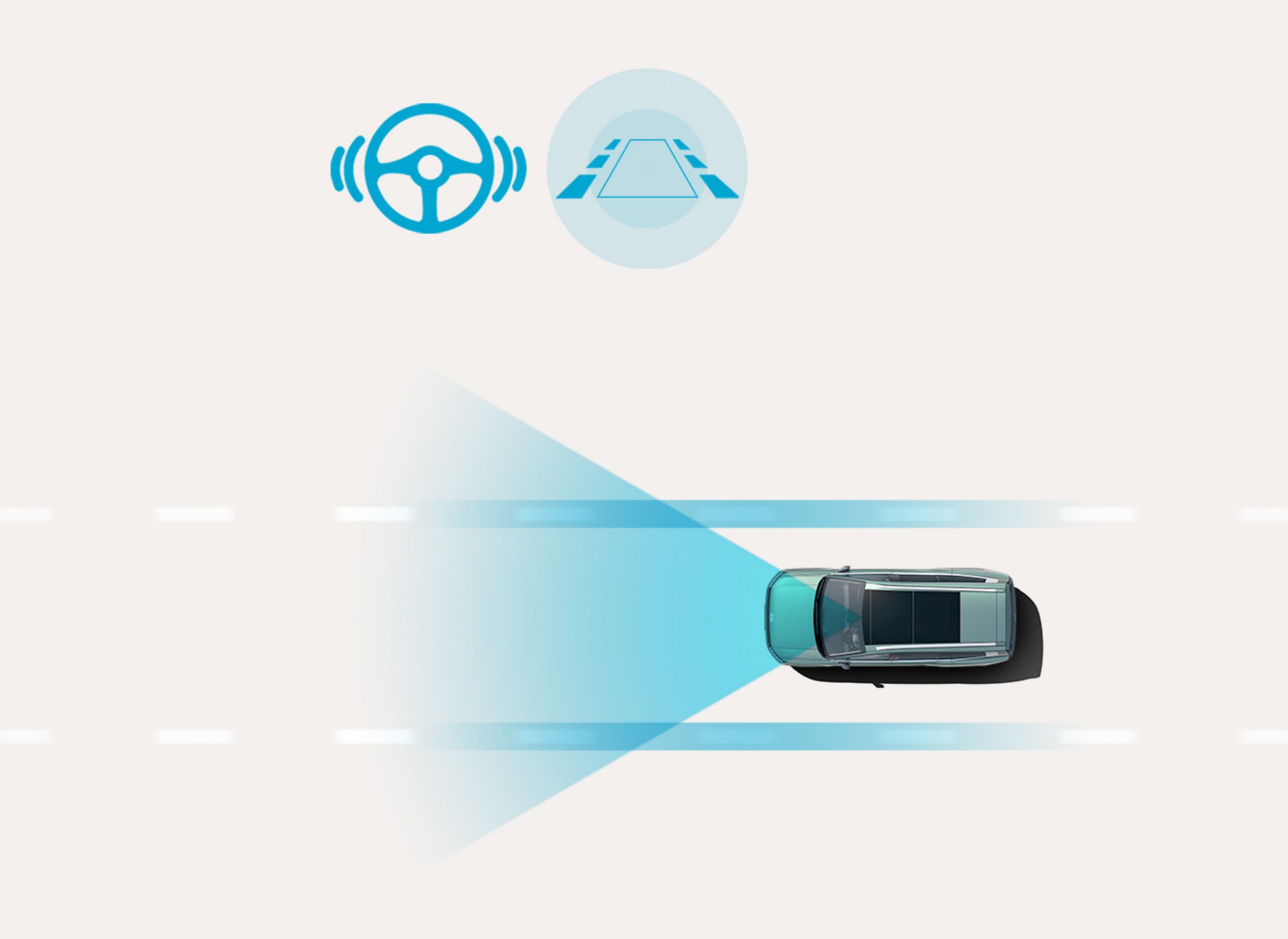 Lane Following Assist: vista aérea del Hyundai IONIQ 9 manteniendo su posición dentro de las líneas del carril mientras los sensores delanteros monitorean la carretera.