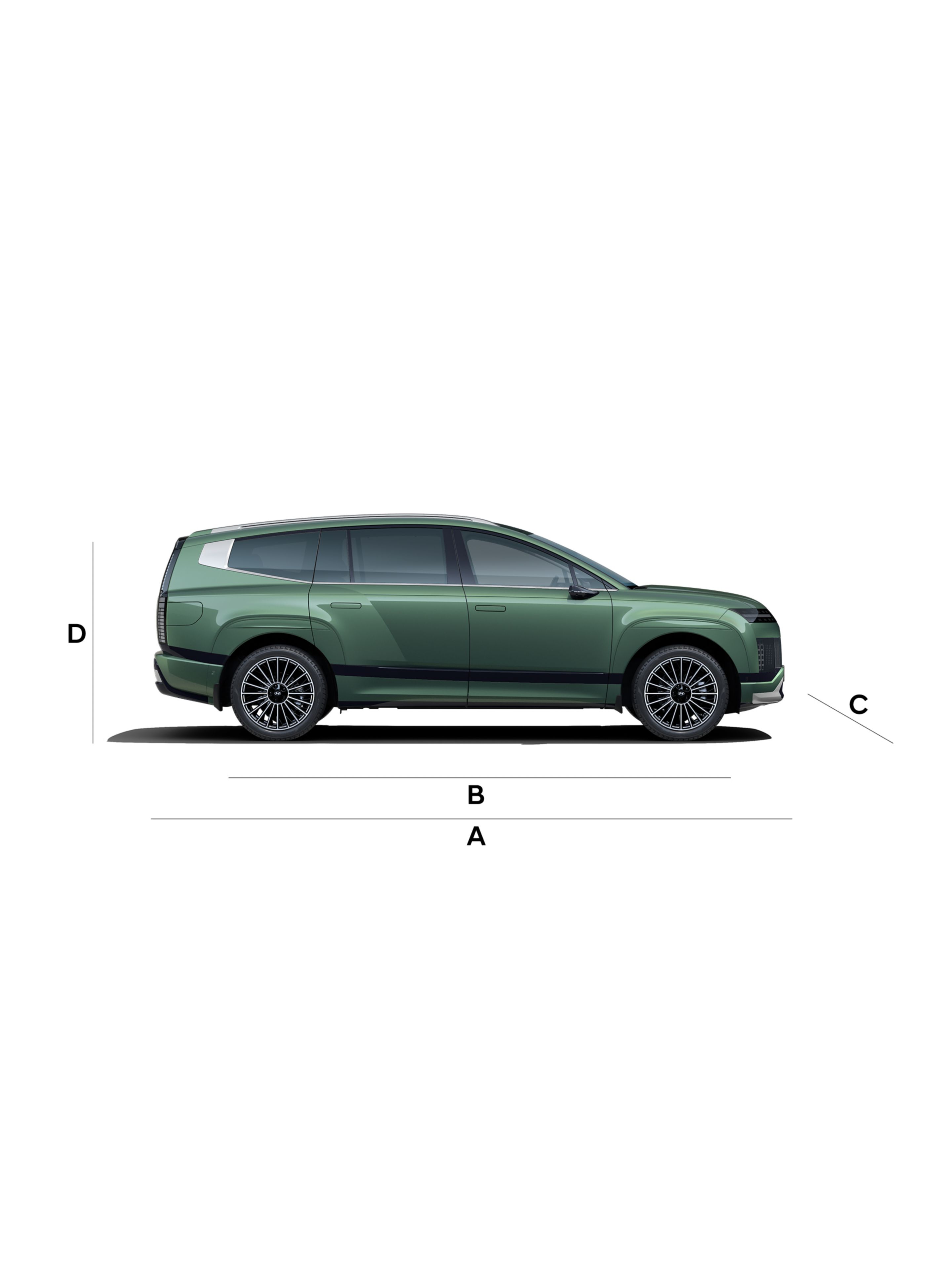 Vista lateral del Hyundai IONIQ 9 con marcas de dimensi&oacute;n.