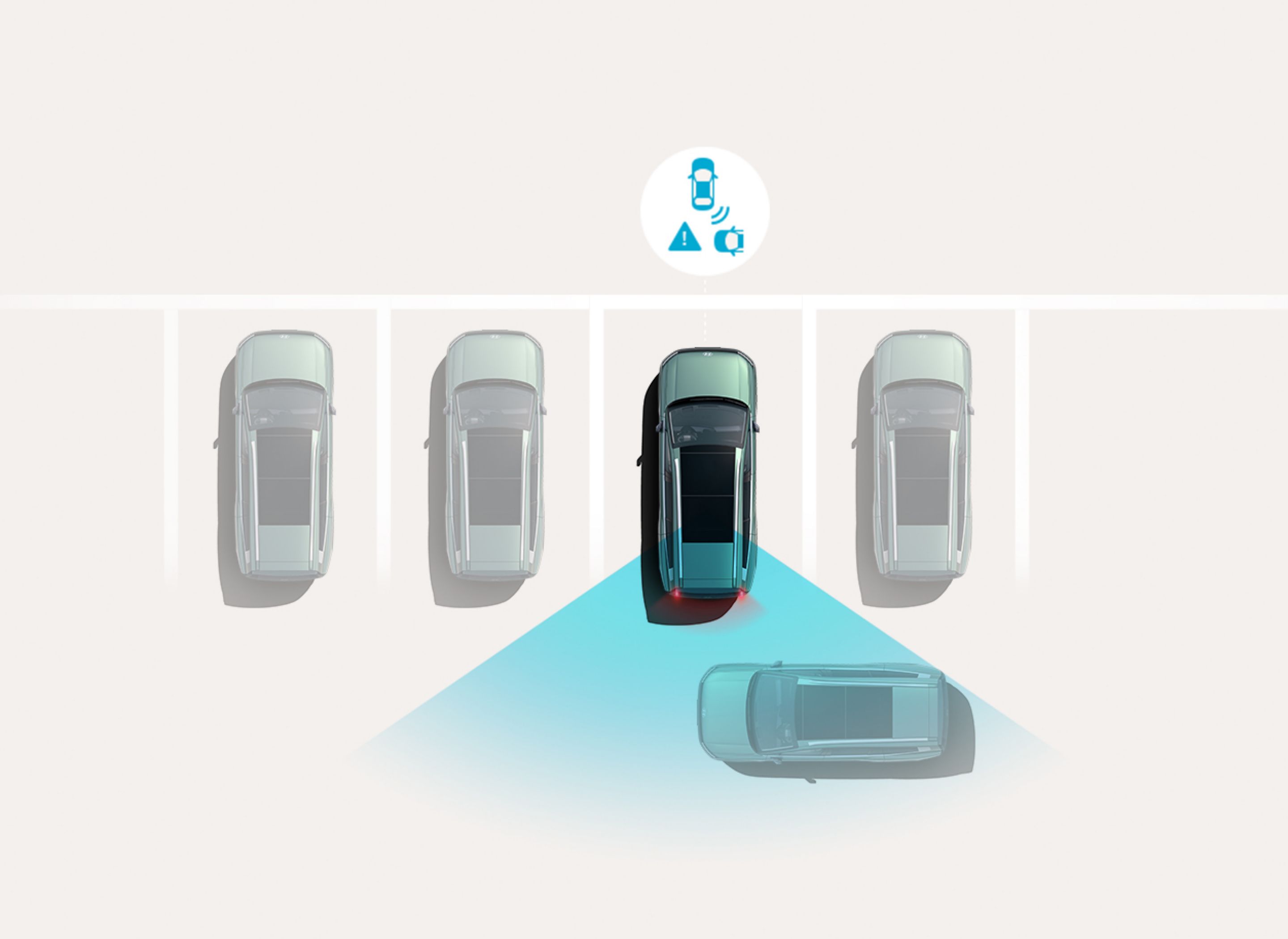 Rear Cross-Traffic Collision-Avoidance Assist: el Hyundai IONIQ 9 frena mientras retrocede ya que los sensores detectan un vehículo que se aproxima.