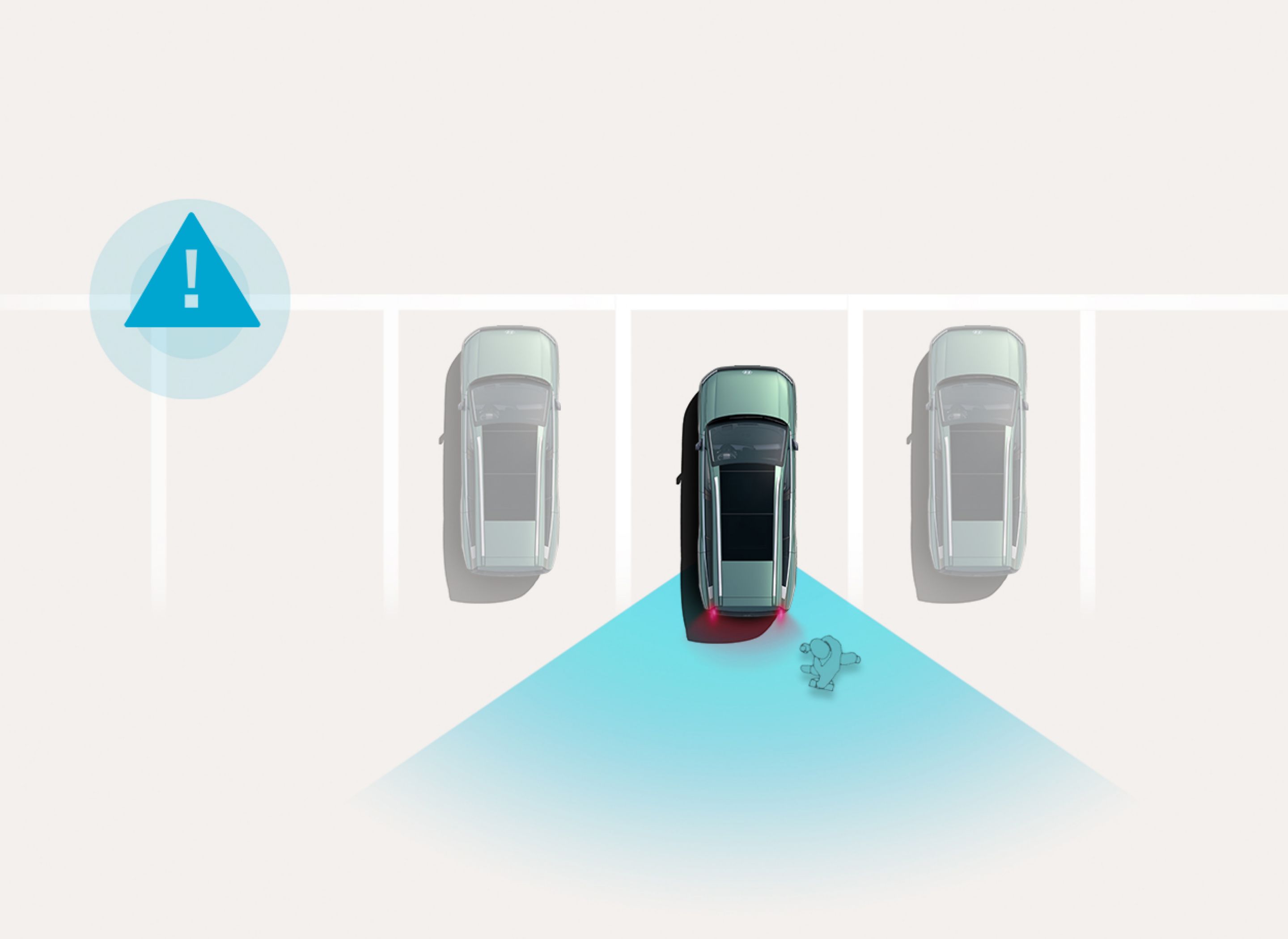 Reverse Parking Collision-Avoidance Assist: vista aérea del Hyundai IONIQ 9 retrocediendo hacia un espacio de estacionamiento mientras los sensores detectan un obstáculo detrás del vehículo.