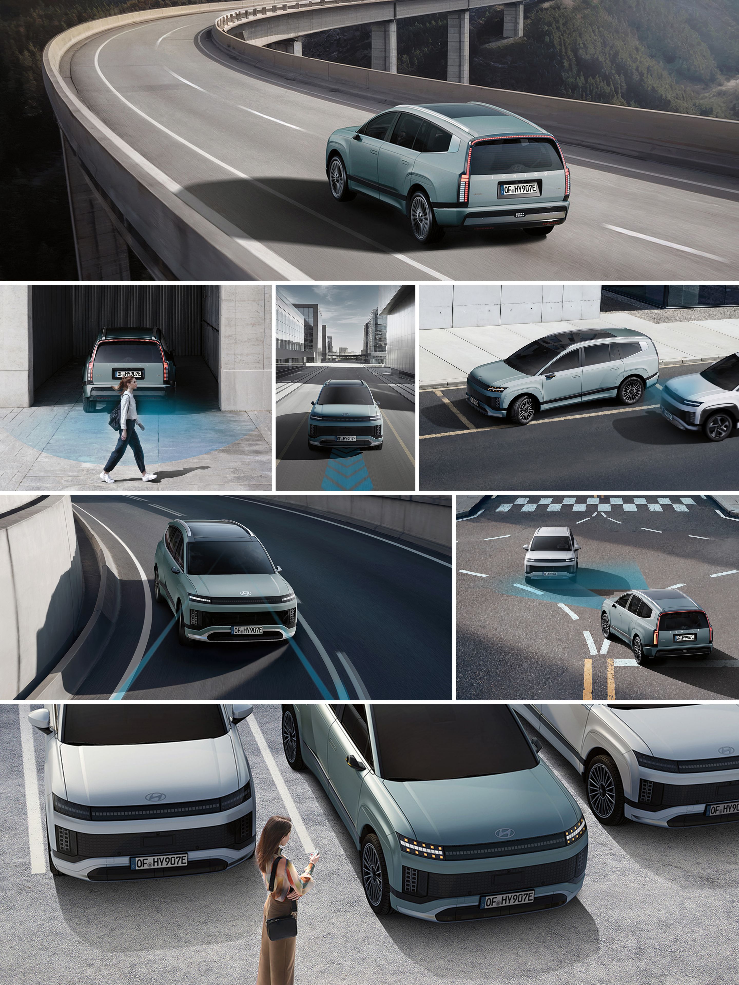 Imagen compuesta que muestra varias funciones de seguridad del IONIQ 9.